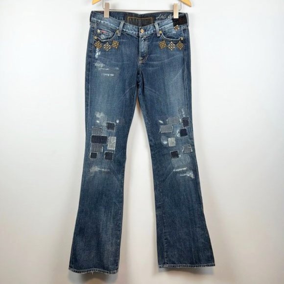 7 For All Mankind RARE Embroidered Patchwork Studded Rocker Bootcut Jeans 29